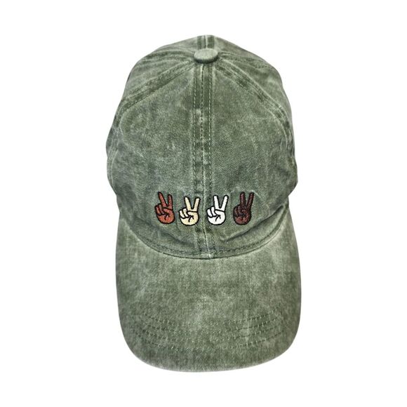 David And Young Women's Green Embroidered Peace Sign Multicultural Hands Cap Hat - Picture 1 of 10